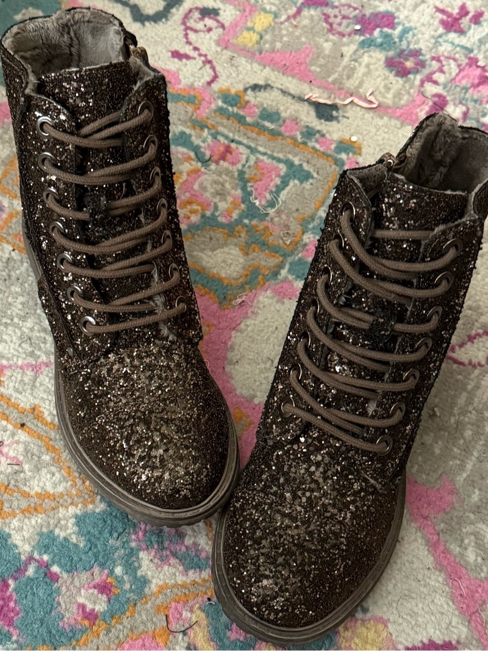 Glitter Lace-Up Combat Boots - Brown